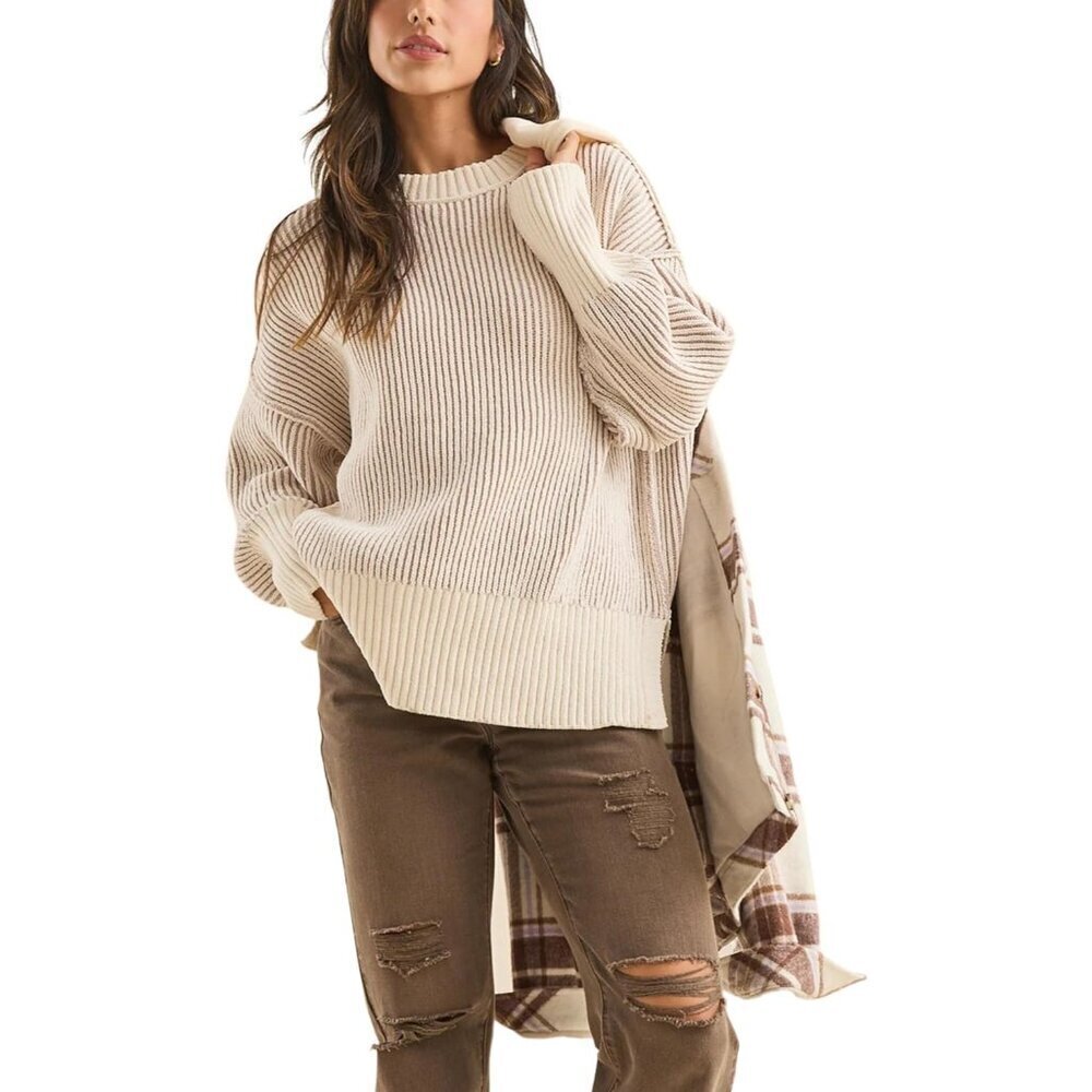 Women's Ribbed Knit Crew Neck Sweater Fall Casual Long Sleeve Pullover